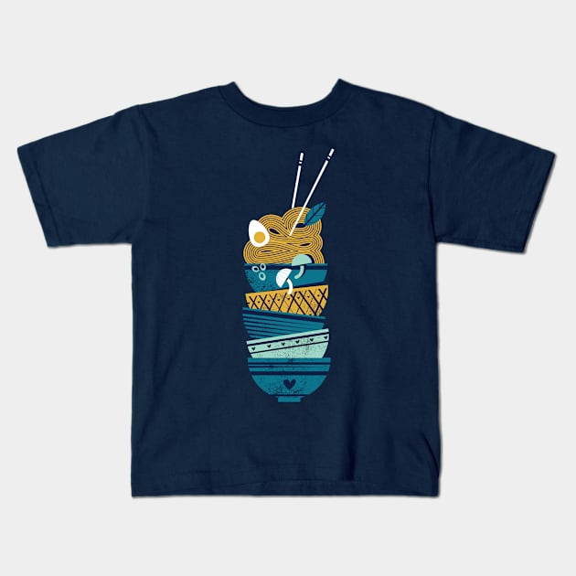 Noodles bowls connection // print // teal and aqua bowls yellow pasta Kids T-Shirt by SelmaCardoso